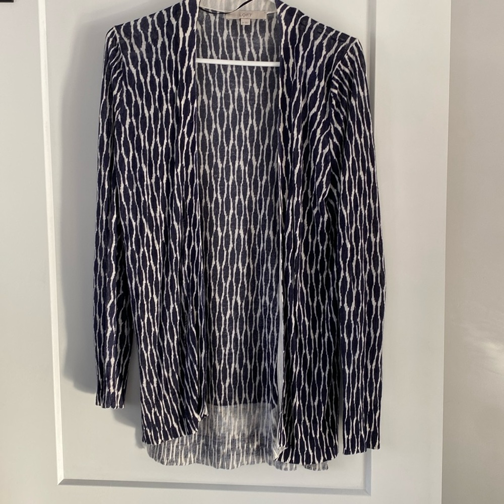 ANN TAYLOR LOFT navy blue off white open cardigan long sleeve sweater M